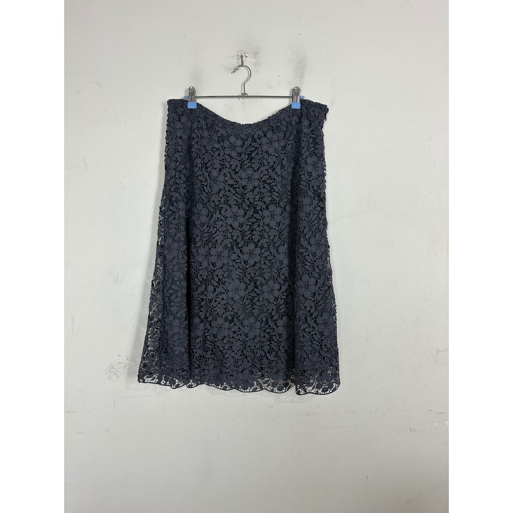 Garnet Hill Floral Lace Midi Skirt Charcoal Gray Size 16 Side Zip Scalloped Hem